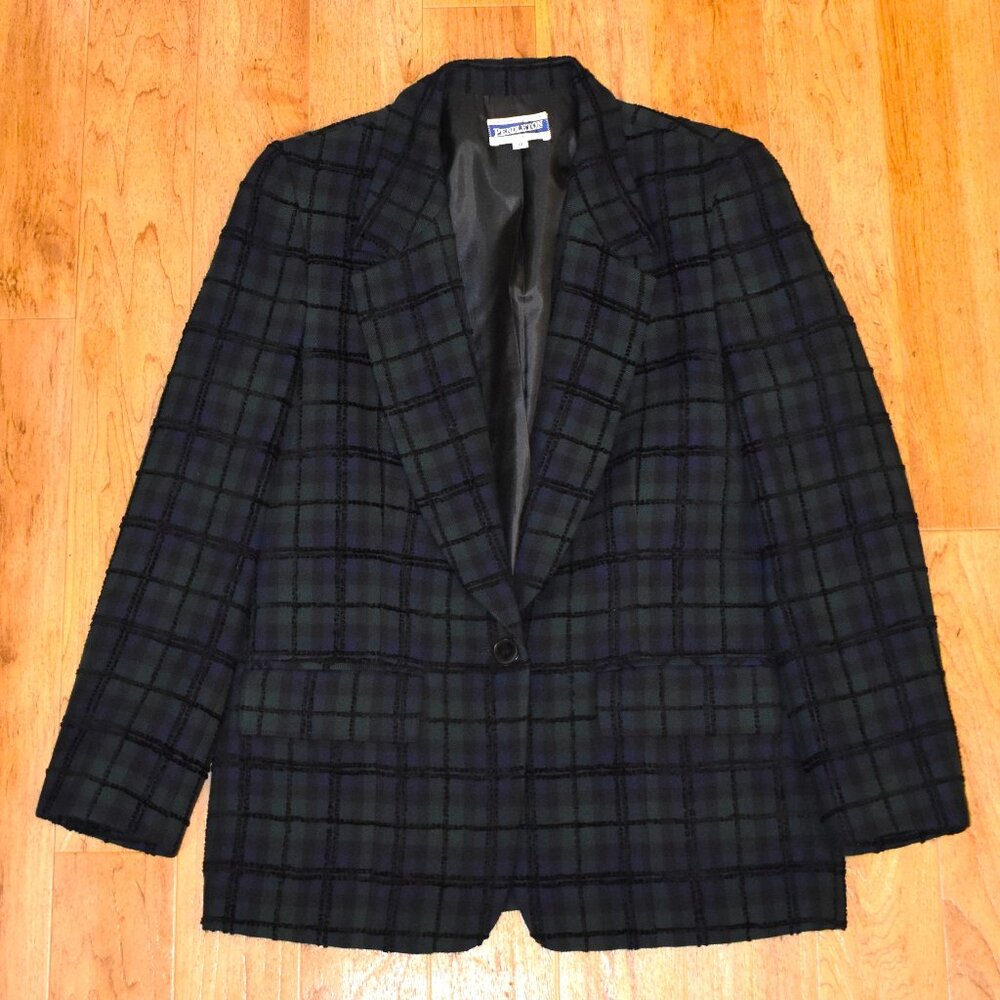Pendleton Wool Blazer Women 10 Green Blue Excellent Plaid Windowpane Jacket